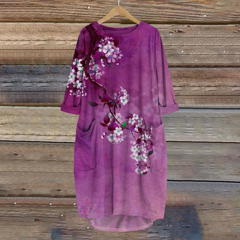 Japanese Antique Pear Blossom Ink Painting Print Crew Neck Dress - Purple - 8XL - image 5