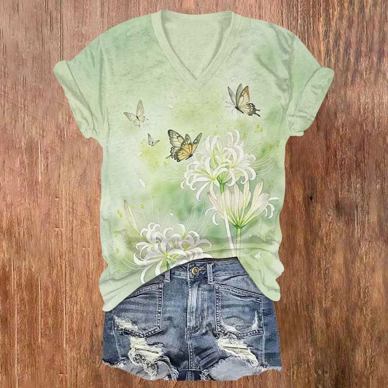 Japanese Fantasy Butterfly Floral Painting Print V-neck T-shirt - Green - US32-34(5XL) - image 3