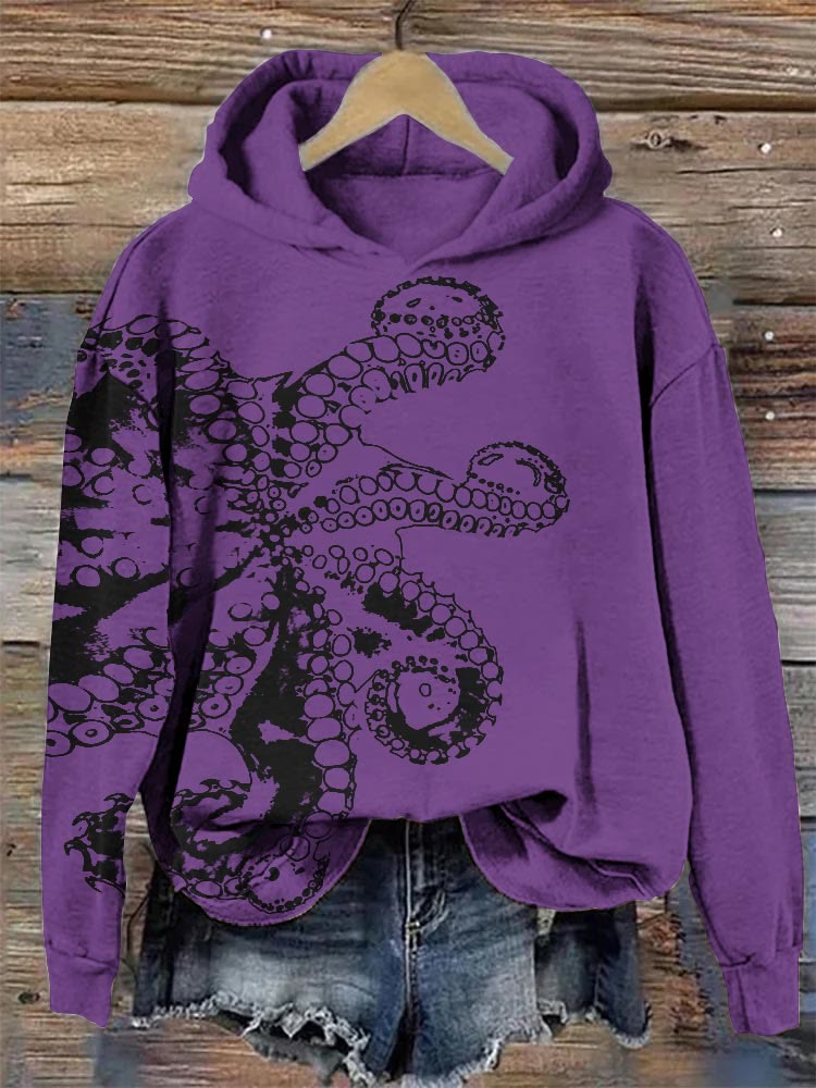 Octopus Asymmetric Print Hoodie