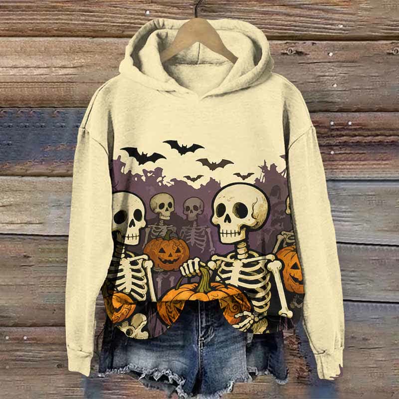 Halloween Skeleton Man Holding Pumpkin Print Long Sleeve Hoodie - Apricot - US44-46(8XL) - image 5