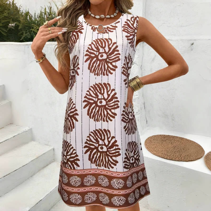 Boho Vacation Ethnic Print Sleeveless Metal Ring Crew-neck Dress - Coffee - 2XL - image 3
