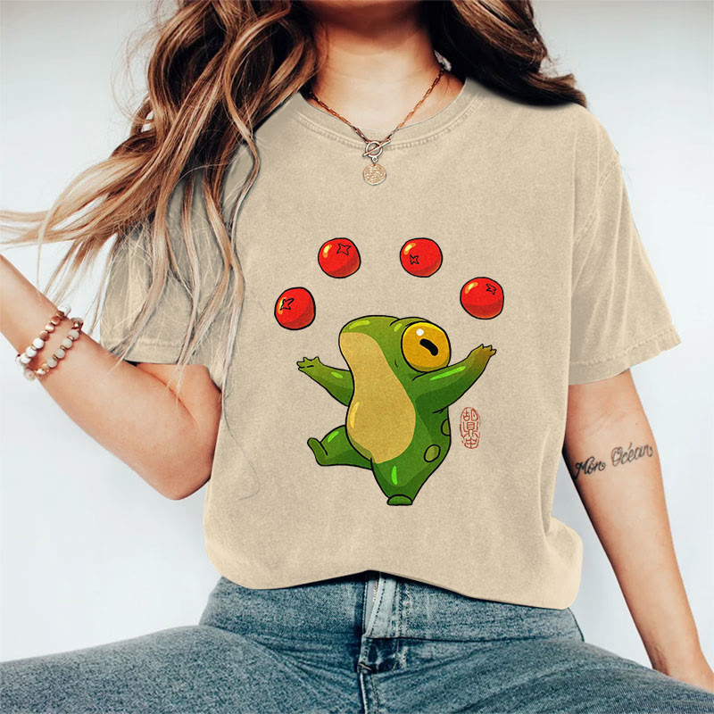 100% Cotton Funny Frog Art Print Casual T-shirt - Apricot - 2XL - image 3