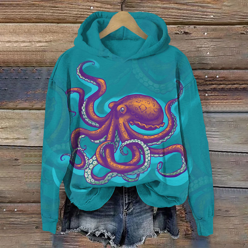 Retro Cartoon Octopus Art Print Long Sleeve Hoodie - Blue - US44-46(8XL) - image 3
