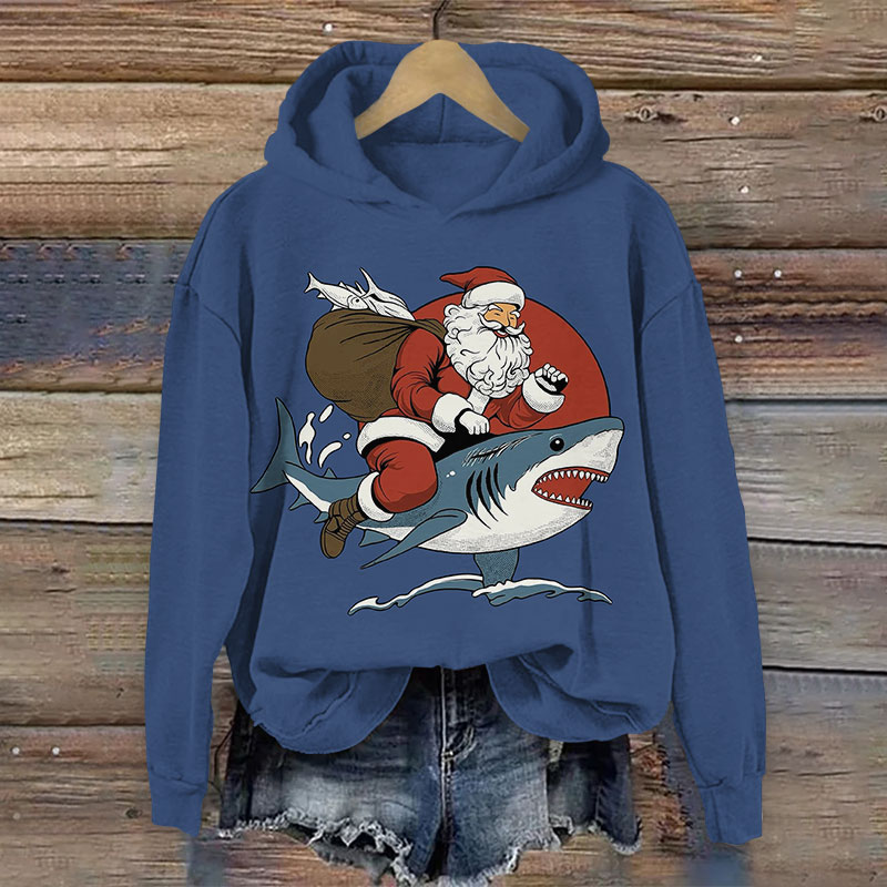 Santa Claus Riding A Shark Christmas Print Long Sleeve Hoodie - Blue - US44-46(8XL) - image 4