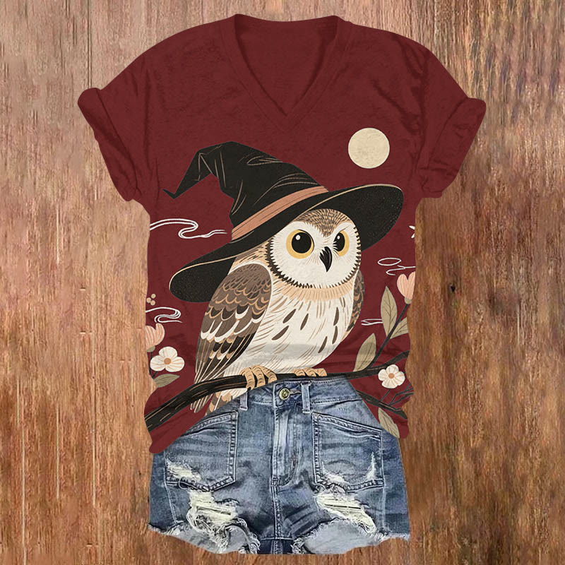 Halloween Wizard Hat Owl & Full Moon Print V-neck T-shirt - Wine - US32-34(5XL) - image 4