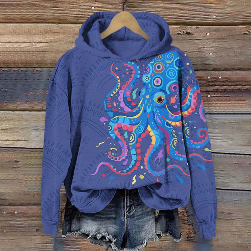 Funny Colorful Geometric Octopus Pattern Print Long Sleeve Hoodie - Blue - US44-46(8XL) - image 2