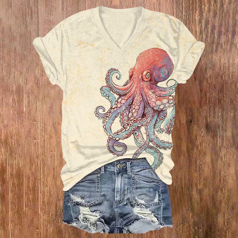 Japanese Funny Dazed Octopus Art Print V-neck T-shirt - Apricot - US32-34(5XL) - image 3