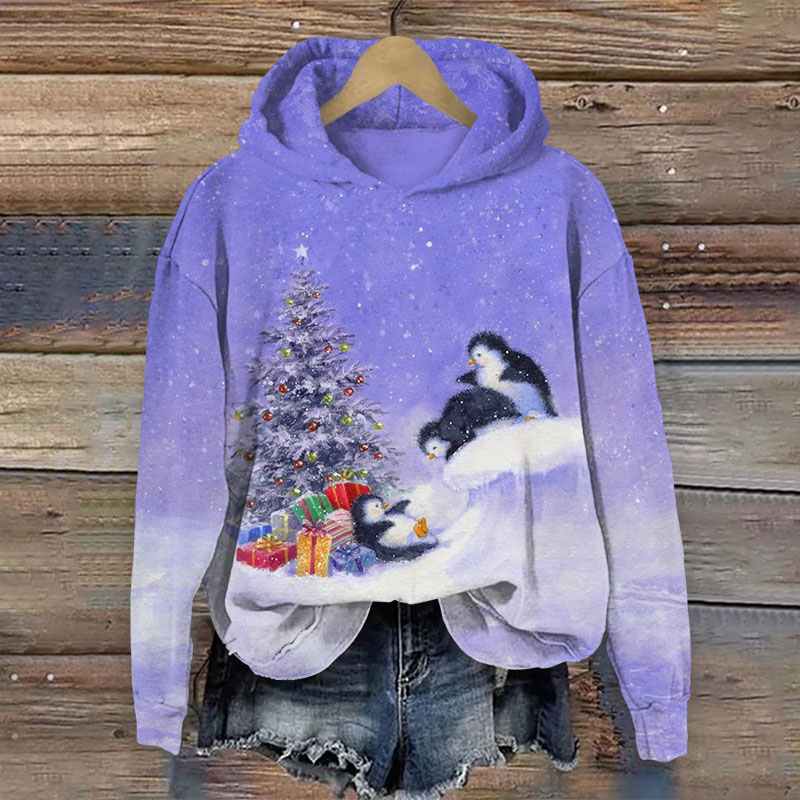 Cute Baby Penguins Playing Under Christmas Tree Print Long Sleeve Hoodie - Purple - US44-46(8XL) - image 2
