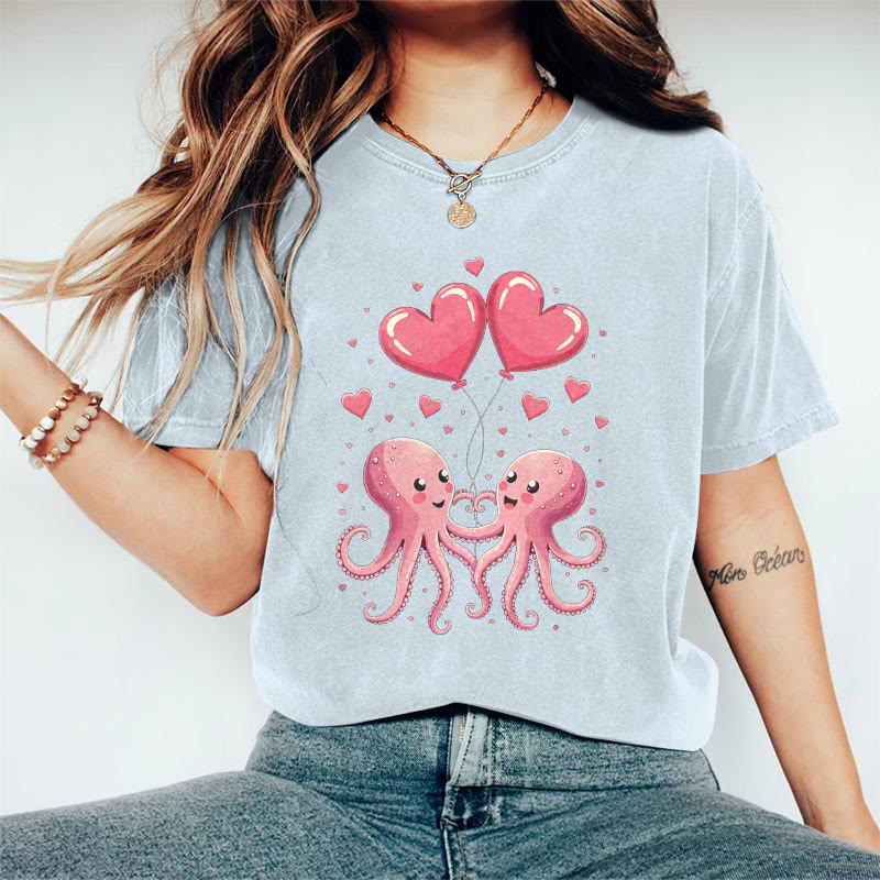 100% Cotton Valentine's Day Octopus Heart T-shirt - Blue - 2XL - image 8