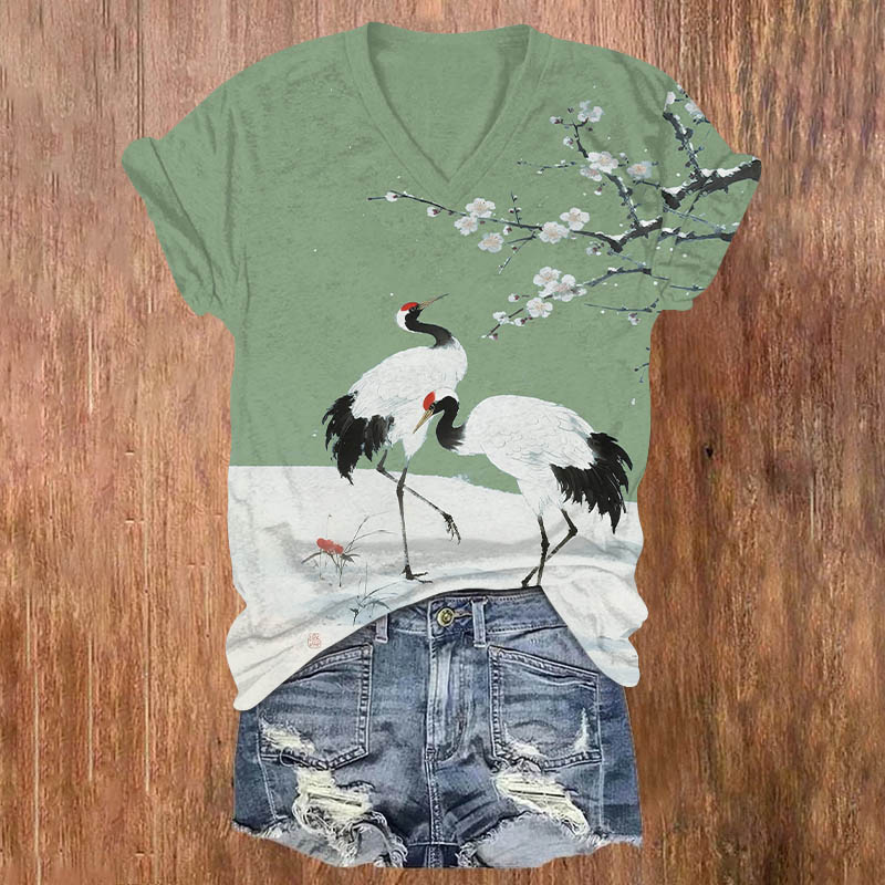 Japanese Winter Crane Under Plum Blossom Tree Print V-neck T-shirt - Green - US32-34(5XL) - image 2