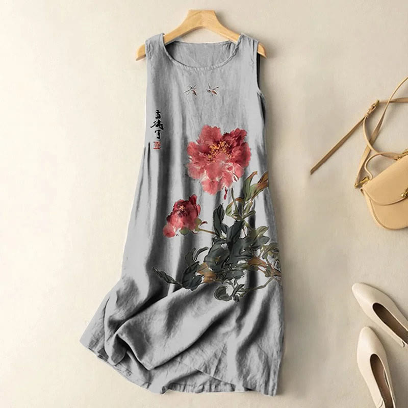 Vintage Japanese Ink Flower Calligraphy Art Print Sleeveless Midi Dress - Dark Grey - 5XL - image 3