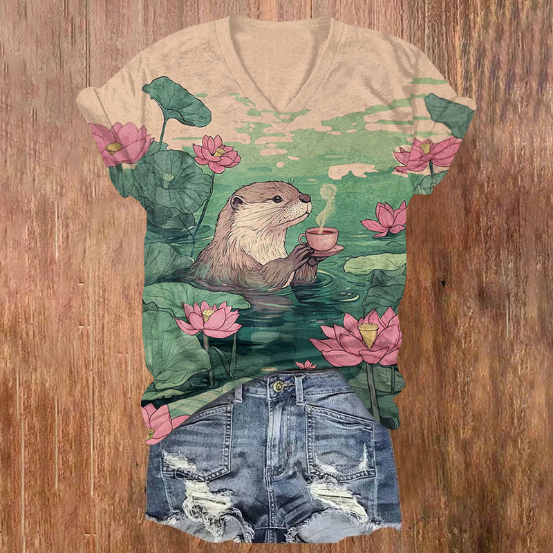 Fun Japanese Otter Print T-shirt - Khaki - 5XL - image 1