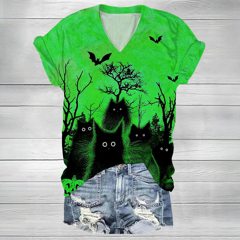 Dashingsoul Halloween Black Cat Print V-neck Short-sleeved T-shirt