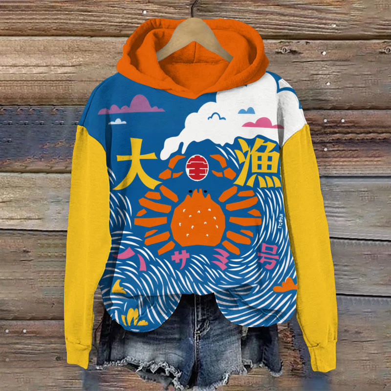 Retro Japanese Geometric Crab Print Long Sleeve Hoodie - Yellow - 8XL - image 2