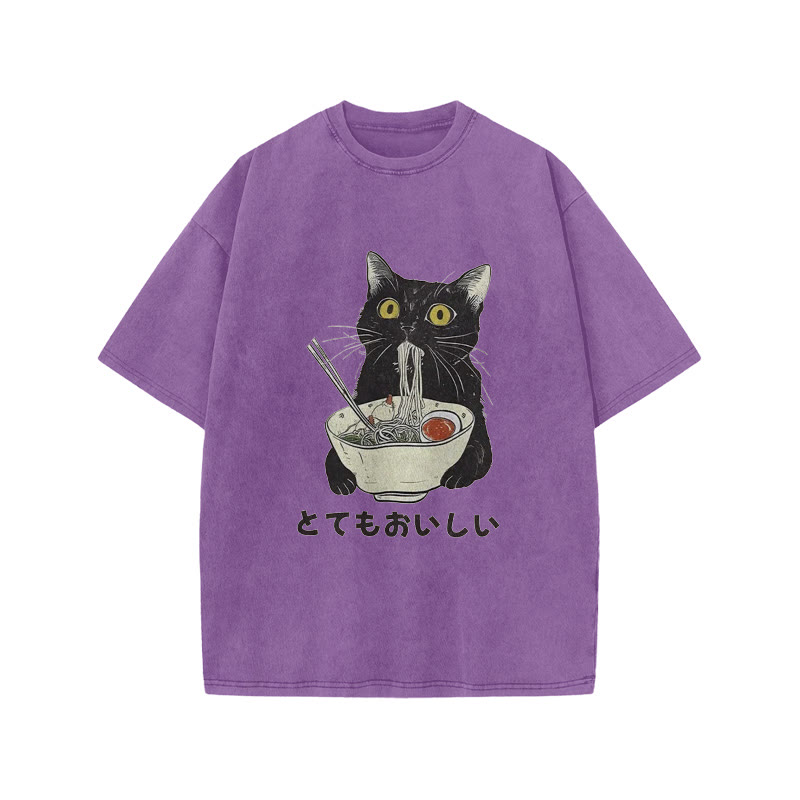 Unisex 100% Cotton Cats Eat Ramen Noodles Vintage Print Acid Washed T-shirt - Purple - 3XL - image 9