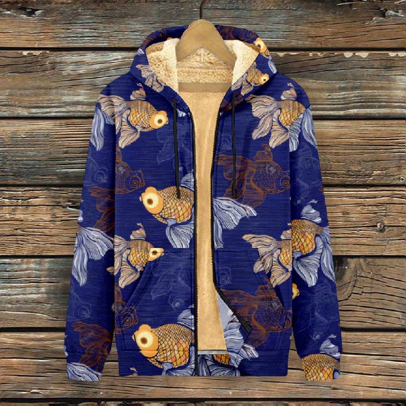Women's Vintage Cute Goldfish Pattern Print Fleece Jacket - image 2