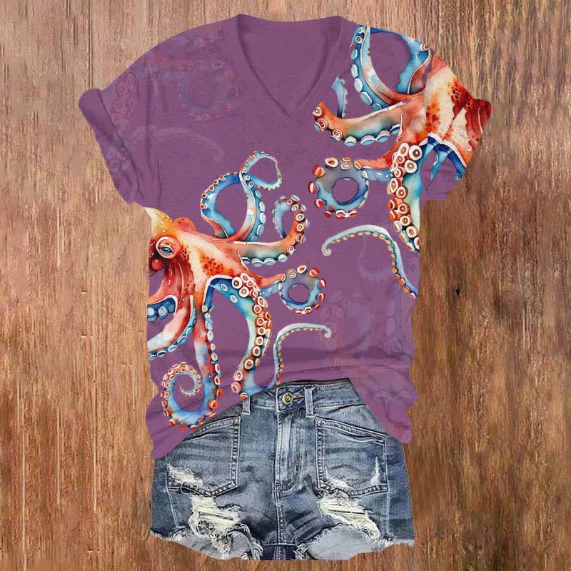 Japanese Colorful Octopus Art Print V-neck T-shirt - Purple - US32-34(5XL) - image 4