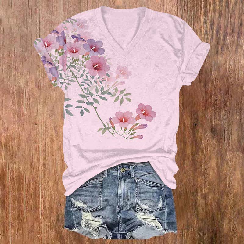 Japanese Watercolor Morning Glory Art Print V-neck T-shirt - Light Purple - US32-34(5XL) - image 2