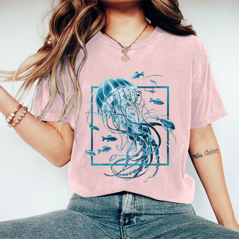 100% Cotton Women's Fantasy Jellyfish Surrounded By Fish Art Print Casual T-shirt - Pink - 2XL - image 11