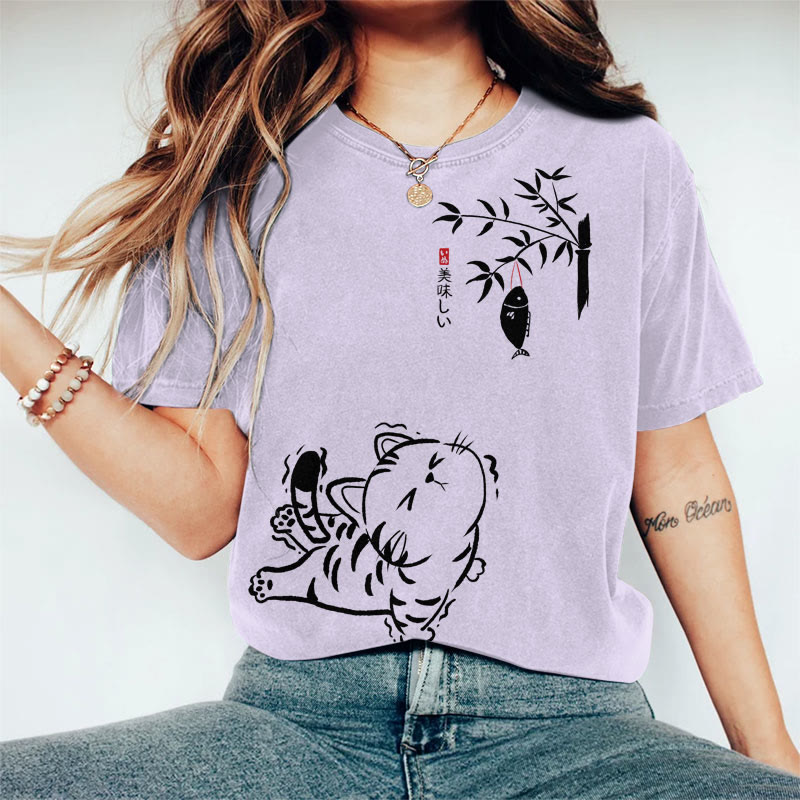 100% Cotton Women's Japanese Cat Eagers For Fish On The Tree Art Print Casual T-shirt - Purple - 2XL - image 3