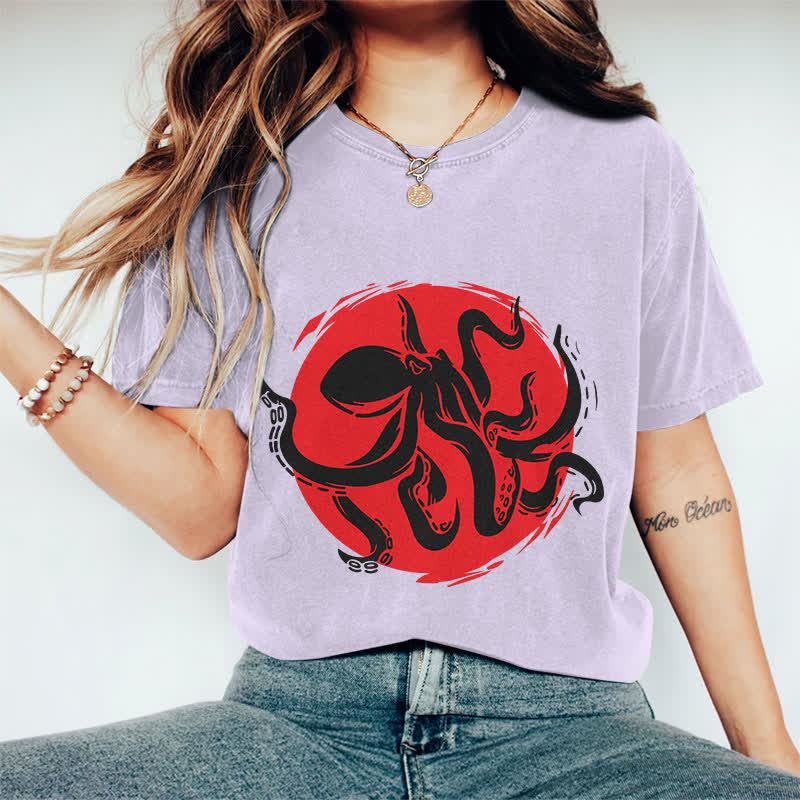 100% Cotton Japanese Abstract Octopus Art T-shirt - Purple - 2XL - image 12