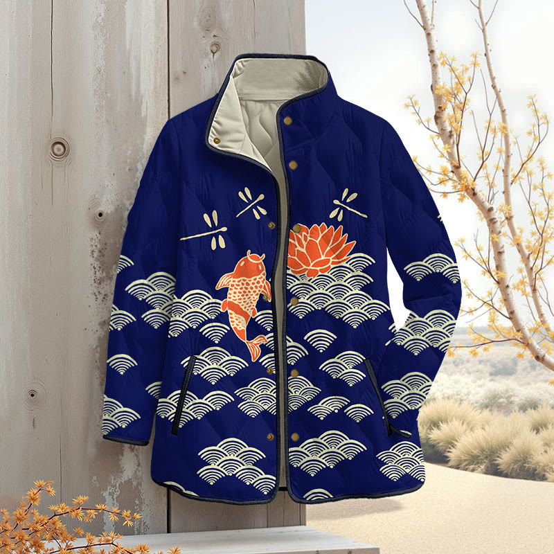 Japanese Style Koi Fish Dragonfly Wave Art Print Outerwear Jackets - Dark Blue - 4XL - image 6