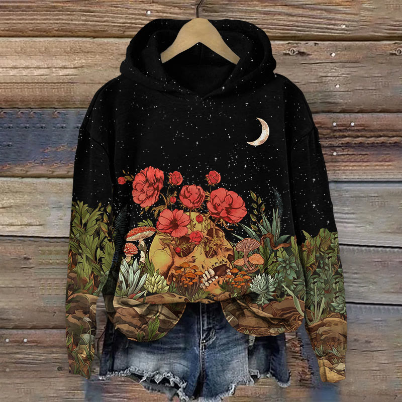 Halloween Skeleton With Flower Print Long Sleeve Hoodie - Black - US44-46(8XL) - image 3