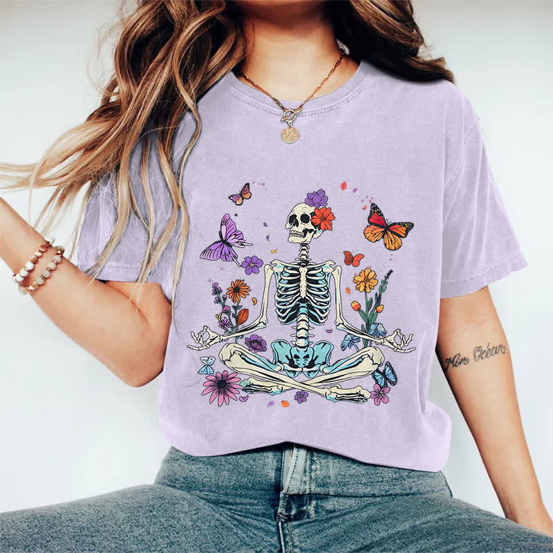 100% Cotton Women's Halloween Skeleton Man Surrounded By Flower & Butterfly Art Print Casual T-shirt - Purple - 2XL - image 12