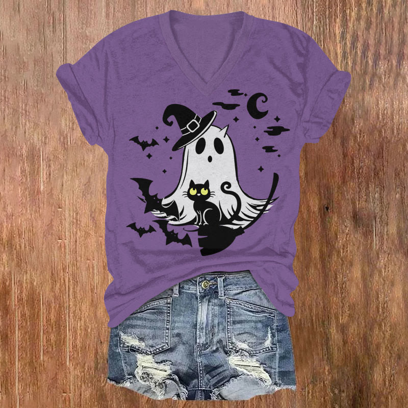 Women's Halloween Wizard Hat Ghost & Black Cat Art T-shirt - Purple - US32-34(5XL) - image 2
