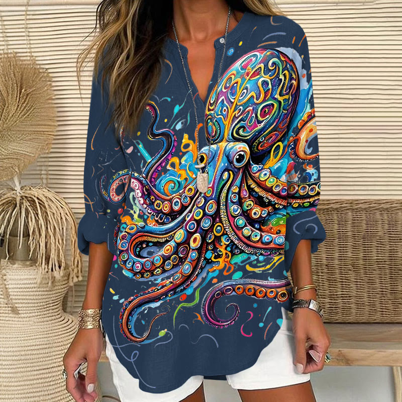 Vintage Rainbow Octopus Art Print V Neck Long Sleeve Blouse - Blue - 8XL - image 3