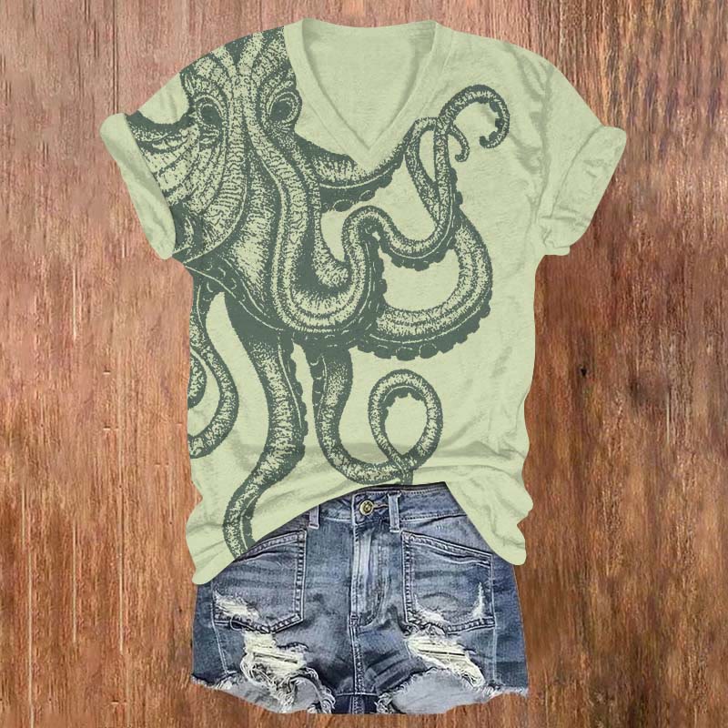 Mystical Watercolor Octopus Art Print V-neck T-shirt - Green - US32-34(5XL) - image 2