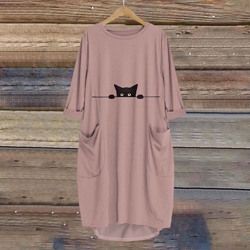 Women's Casual Black Cat Print Crew Neck Dress - Pink - 8XL - image 5