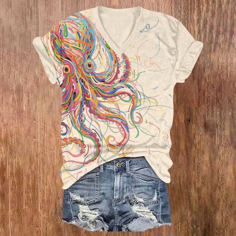 Print V-neck T-shirt - Beige - US32-34(5XL) - image 6