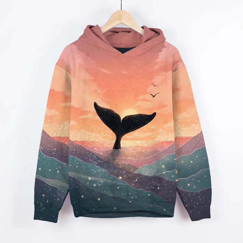 Aesthetic Sunset Blink Whale Tale Art Print Long Sleeve Hoodie - Orange - US44-46(8XL) - image 3