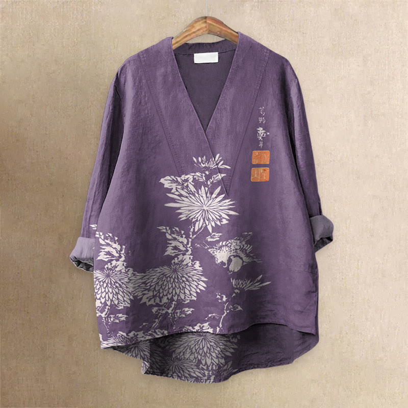 Vintage Chrysanthemum Printed Casual V-neck Blouse - Purple - 6XL - image 3