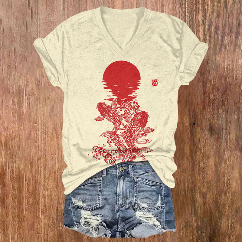 Japanese Creative Koi Carp & Moon Print V-neck T-shirt - Apricot - US32-34(5XL) - image 2