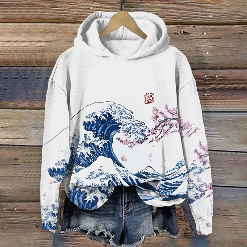 Japanese Art Waves And Flowers Pattern Long Sleeve Hoodie - White - 8XL - image 1