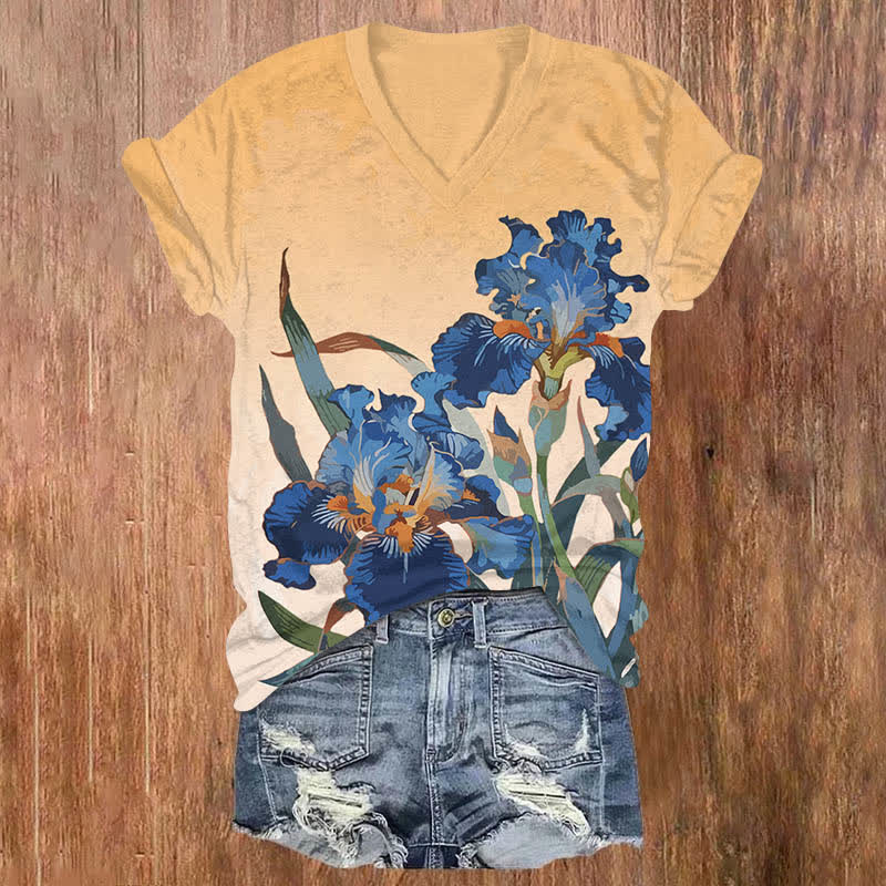 Japanese Vintage Van Gogh Iris Floral Print V-neck T-shirt - Apricot - US32-34(5XL) - image 5