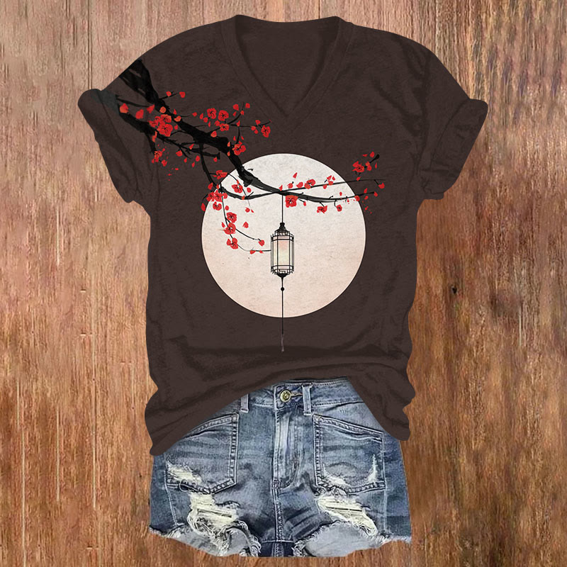 Japanese Ink Painting Plum Blossom Lantern Print V-neck T-shirt - Coffee - US32-34(5XL) - image 5