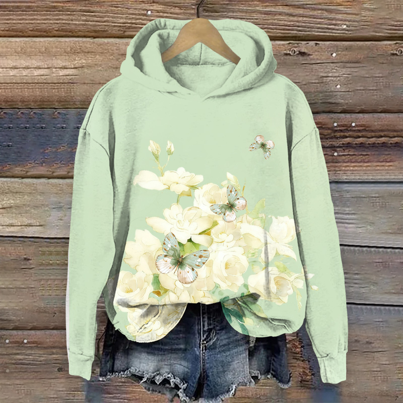 Lovely Vivid Rose & Butterfly Art Print Long Sleeve Hoodie - Green - US44-46(8XL) - image 2
