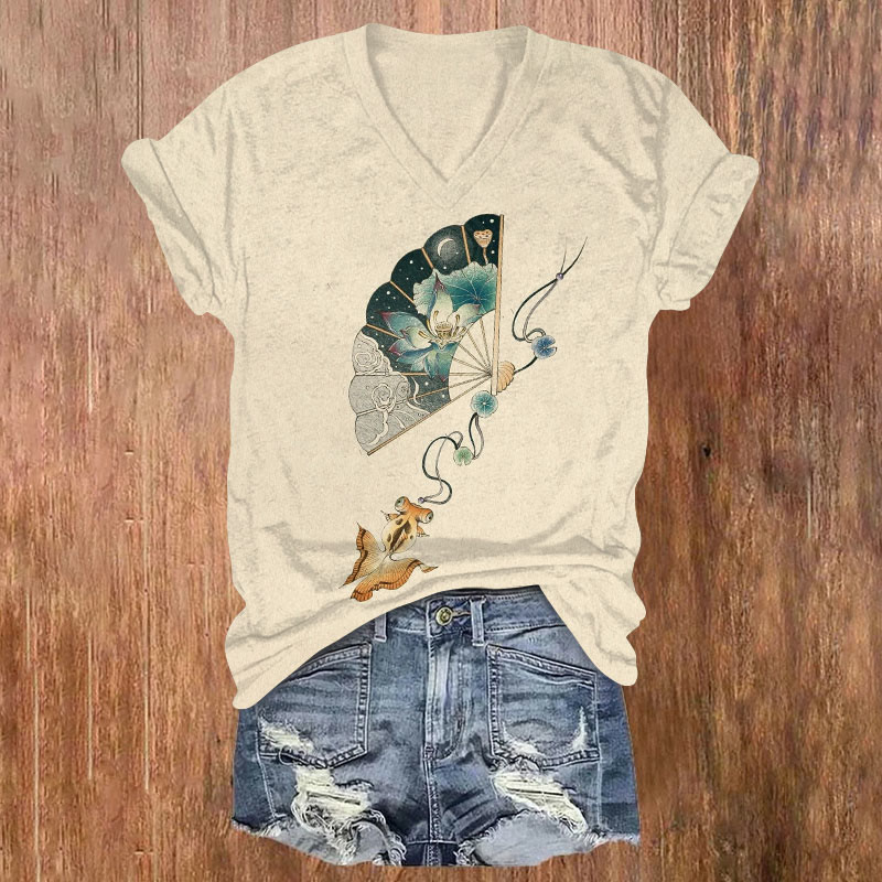 Creative Goldfish With Floral Moon Fan Art Print V-neck T-shirt - Apricot - US32-34(5XL) - image 2