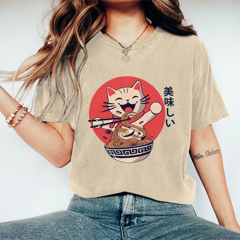 100% Cotton Women's Japanese Happy Cat Eating Noodles Art Print Casual T-shirt - Khaki - 2XL - image 2
