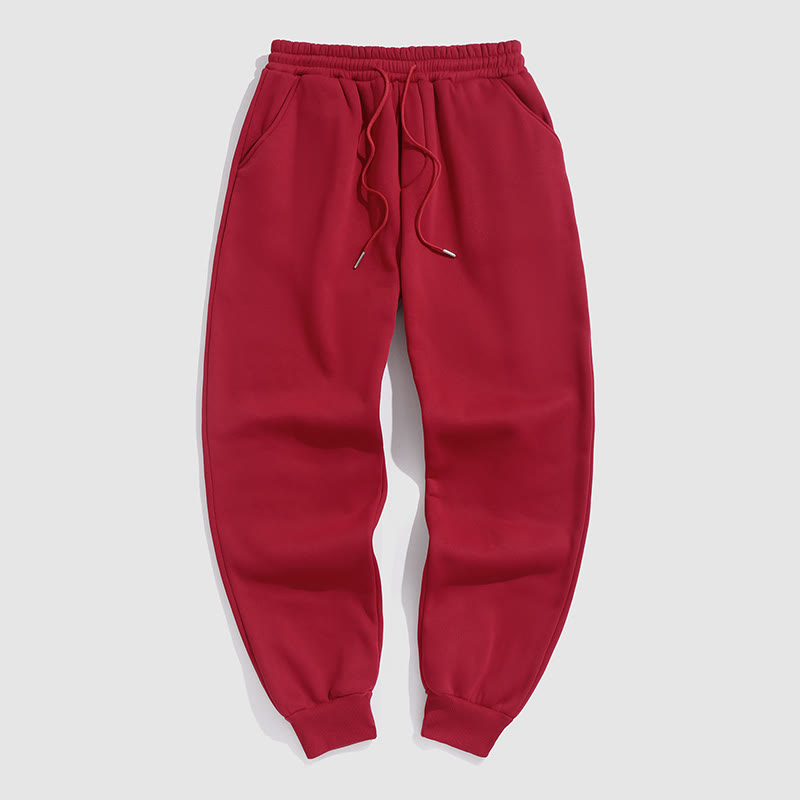 100% Cotton Solid Color Leggings Casual Fleece Sweatpants - Red - 2XL - image 7