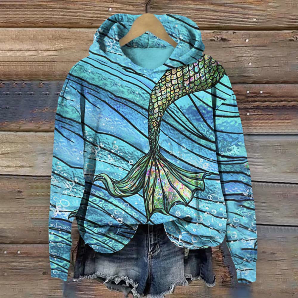 Vintage Mermaid Tail Print Hoodie - Lake Blue - 8XL - image 1
