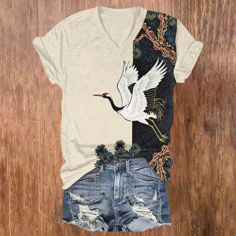 Japanese Flying Crane & Ancient Tree Print V-neck T-shirt - Apricot - US32-34(5XL) - image 4