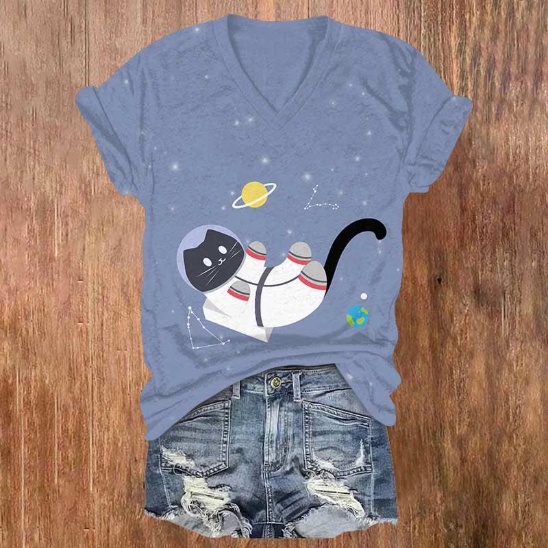 Funny Astronaut Cat In The Space Art Print V-neck T-shirt - Blue - US32-34(5XL) - image 2