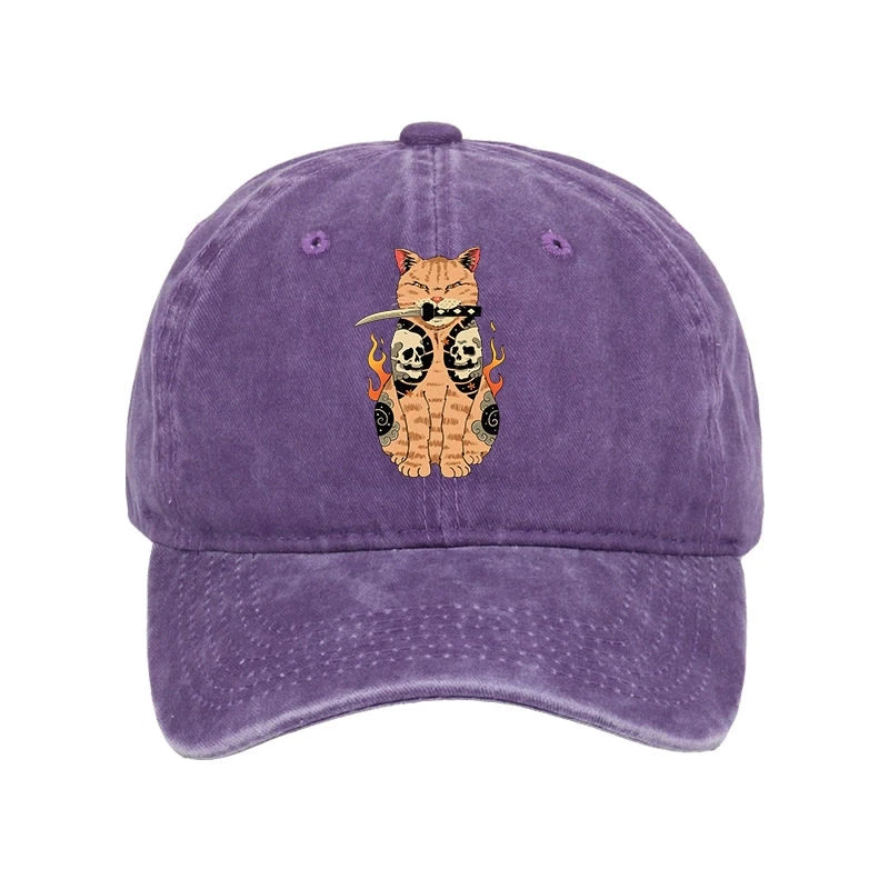Unisex 100% Cotton Catana Cat Skull Tattooed Samurai Vintage Print Cap - Purple - one size - image 4