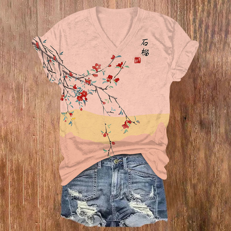 Japanese Vintage Pomegranate Blossoms Art Print V-neck T-shirt - Pink - US32-34(5XL) - image 2