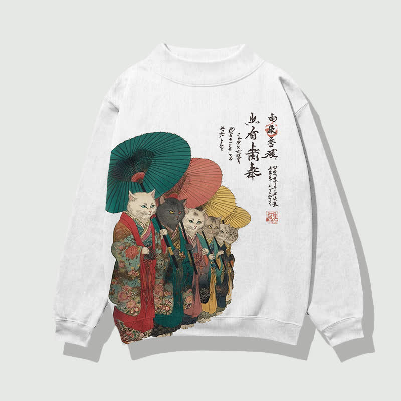 Japanese Retro Kimono Cats Pattern Print Mock Neck Sweatshirt - White - 4XL - image 3