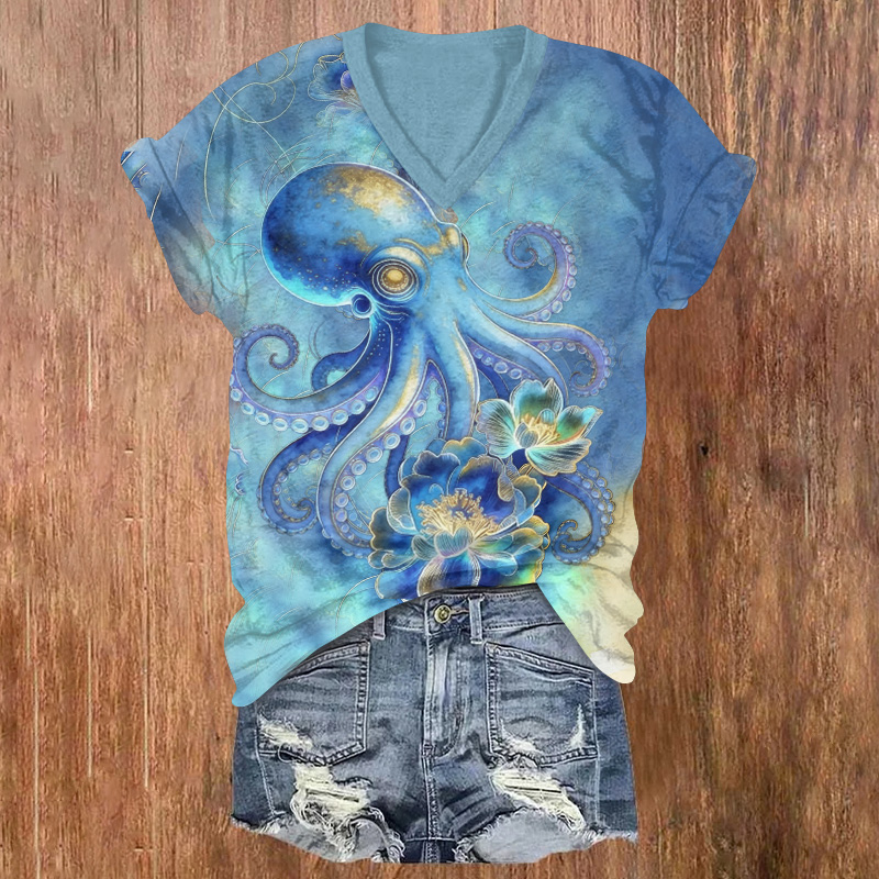 Fluorescent Flowers And An Octopus Printed Short Sleeved V-neck T-shirt - Lake Blue - US32-34(5XL) - image 1
